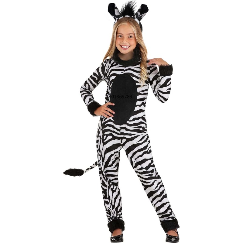 Zoo Party Games - 女の子用ゼブラコスチューム ヘッドバンド付き - キッズゼブラジャンプスーツ - 子供用サファリ動物園アニマルコスプレコスチューム